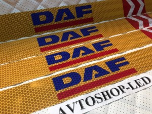 Наклейка лента желтая светоотражающая DAF (синяя надпись), 65 см 4 шт.